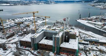 Nye Drammen sykehus ved utløpet av Drammenselva på Brakerøya